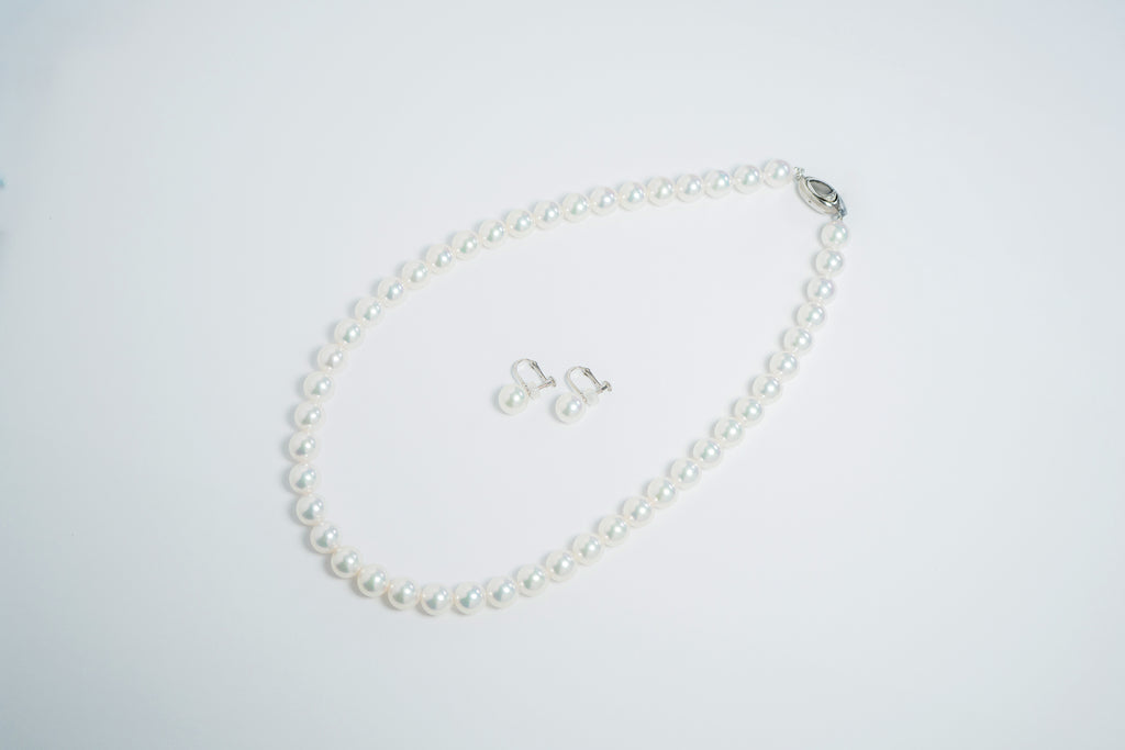 Pearl パール 天女 ネックレス、ピアスセット8.5ｍｍ～9.0mm P67051